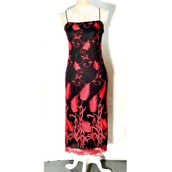 Y2K Francesca Caretti Black Red Floral Embroidered A-Line Midi Cocktail Dress~4~ - Picture 4 of 12